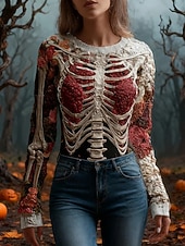 Women's Sweater Cute Streetwear Casual Graphic Skeleton Crew Neck Patchwork Knitted Long Sleeve Regular Tops Knit Halloween Red Fall Winter3