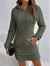 baratos Vestidos de suéter-Mulheres Minivestido Vestido A Line Casual Normal Tecido Manga Longa Com Capuz Preto Branco Verde Outono Inverno
