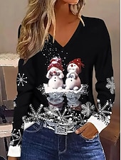 abordables Hauts de Noël-Noël Femmes T-shirt Graphique Bonhomme de neige ancien Élégant Classique manche longue Col en V Hauts Réguliers Quotidien Imprimé Gris / Rouge Noir + blanc + rouge Noir Vin Rouge Printemps Automne