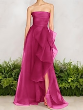 ieftine Rochii lungi și rochii de seară-Rochie de Seară A-Line Stil Celebritate Rochie Elegantă Invitată de Nuntă Lungime Pe Jos Fără Mâneci Un Umăr Organza cu Fustițe Răsucite Fanta