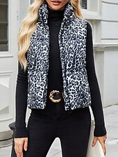 levne Vesty-Dámské Neformální bunda Kamizelka Pohodlné Prodyšné Kapsy Tisk Na běžné nošení Leopard Dovolená ulice Ležérní Denní nošení Zip Krátké Stojáček Běžný Bez rukávů Svrchní oděvy Bílá Žlutá Jaro Podzim