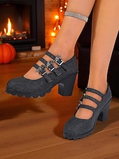 abordables Pour les femmes-Escarpins Mary Jane à talons épais pour femme, chaussures de soirée gothiques noires avec brides à boucle chauve-souris, pour déguisement, soirée et cosplay.