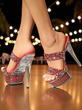 Dames muiltjes met strass-plateau en hoge hak - glitter peep toe partysandalen voor het nachtleven en clubbing voordelige Nachtleven feest-Dames muiltjes met strass-plateau en hoge hak - glitter peep toe partysandalen voor het nachtleven en clubbing