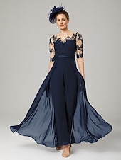 tanie Kombinezony mamy-Kombinezon dla Matki Panny Młodej Formalna Gość Ślubna Elegancka Przyjęcie Wykrojony Rękaw 3/4 Długości Kostek Chiffon Koronka z Aplikacjami