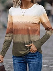 billige Stripe og geometrisk t-skjorte-Dame T skjorte Grafisk Geometrisk Årgang Stilfull Klassisk Langermet Crew-hals Vanlige topper Daglig Trykt mønster Blå Lilla Brun Vår Høst Vinter