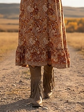 Χαμηλού Κόστους Καουμπόη και δυτικές μπότες-Γυναικείες καφέ μπότες μέχρι το γόνατο με κρόσσια από τεχνητό δέρμα, λεπτομέρειες με τρουκς και χαμηλά τακούνια, μποέμ παπούτσια σε στιλ καουμπόι γουέστερν