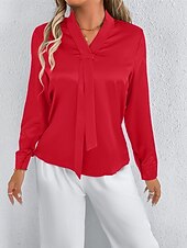 economico Top eleganti-Per donna Camicia Camicia in raso Tinta unica Elegante Casual Manica Lunga Scollo a V Top Regolari Quotidiano Uscire Nodo frontale Rosa Rosso Primavera Autunno