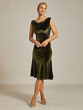  Damen Midikleid Trompeten- Meerjungfrauenkleid Elegant Party Hochzeitsgast Cocktailparty Normale Passform Einfarbig Ärmellos Wasserfallausschnitt Olive