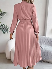 baratos Vestido Simples-Mulheres Vestido midi vestido de cetim Vestido de festa Vestido Coquetel Vestido franzido Elegante Moderno Festa de Noite Festa Encontro Normal Tecido Manga Longa Colarinho Chinês Preto Rosa Vinho