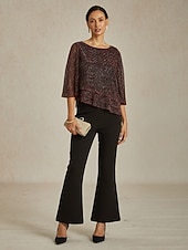 cheap Dressy Tops-Women&#039;s Blouse Dressy Tops Flowy Tops Chiffon Tops Elegant Vintage Stylish 3/4 Length Sleeve Crew Neck Boat Neck Work Daily Date Night Outfits Sequins Pleated Patchwork Wine Spring Fall