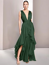 ieftine Formal / Cravată neagră-Rochii de nuntă pe plajă A-Line Rochie elegantă Formală de vară Asimetrică Fără Mâneci Decolteu în V Chiffon cu detalii într-o parte
