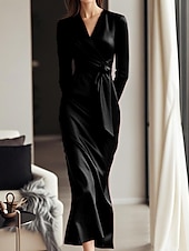 preiswerte abendkleider-Damen Midikleid Partykleid Cocktailkleid Satinkleid Elegant Modern Party Abendgesellschaft Normale Passform Einfach Langarm V Ausschnitt Schwarz Wein Herbst Winter