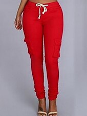 baratos Calças Skinny Femininas-Mulheres chinês calças justas Moda Roupa de rua Casual Comprimento total Cintura Alta Tecido Com Cordão Bolsos Confortável Macio Micro-Elástica Ao ar livre Rua Branco Verde Tropa Vermelho Verão