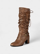 Недорогие Сапоги-слаучи-Женские коричневые сапоги из искусственной кожи с застежкой-молнией сбоку и ремешком с пряжкой, винтажные повседневные сапоги на блочном каблуке для осени, зимы, улицы и повседневной носки