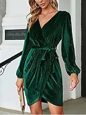 preiswerte abendkleider-Damen Minikleid Samtkleid Partykleid Elegant Modern Party Abendgesellschaft Ferien Normale Passform Einfach Langarm V Ausschnitt Wein Dunkelgrün Braun Herbst Winter