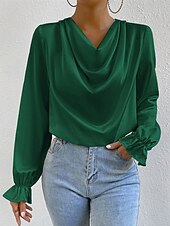 abordables Hauts habillés-Femmes Chemise Chemise en satin Uni Élégant Occasionnel manche longue Col Bénitier Hauts Réguliers Quotidien Sortir Drapé Noir Rose Claire Vert Abricot Printemps Automne