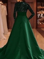 cheap A-Line Evening Dresses-A-Line Sequin Evening Gown Elegant Dress Formal Cocktail Party Court Train Long Sleeve High Neck Fall Wedding Guest