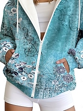 levne Boho topy-Dámské Mikiny na zip Zip Kapsy Tisk Květinový Grafika Etno Módní Na běžné nošení Dlouhý rukáv Kapuce Běžné topy Ležérní ulice Na den Kaštanově hnědá Tmavomodrá Světle modrá Podzim Zima