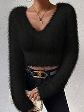 abordables Couleurs unies-Femmes Pull Mode Occasionnel Couleur Unie Côtelé Col en V Tricoté manche longue Hauts Réguliers Tricoter Extérieur Quotidien Week-end Noir Blanche Automne Hiver