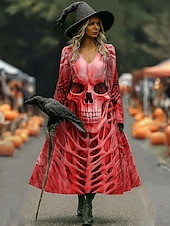 olcso Halloween ruha-Halloween Női Koponyák Nyomás Midi Ruha A-vonalú Ruha Vakáció Hétköznapi Napi Normál Illeszkedés Grafikával Koponya Hosszú Ujjú V Nyakú Kék Narancs Szürke Ősz Tél