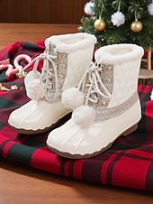 女の子の冬用スノーブーツ - フェイクファーの裏地、グリッターのディテール、ポンポンのレースが付いた暖かいキルティングアンクルブーツで、アウトドアに最適です。 お買い得  キッズ・ブーツ-女の子の冬用スノーブーツ - フェイクファーの裏地、グリッターのディテール、ポンポンのレースが付いた暖かいキルティングアンクルブーツで、アウトドアに最適です。