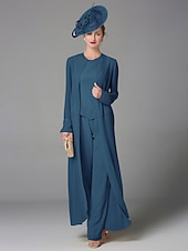 abordables Costumes-pantalons pour maman-Pantalon de mariage à la plage ensemble de 3 pièces mère de la mariée invitée de mariage formelle élégante grande taille avec encolure bateau longueur au sol manches longues enveloppe incluse avec