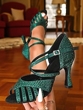 voordelige Latin dansschoenen-Groene danshakken met strass-bandjes voor dames - glinsterende sandalen in Gatsby-stijl voor balzalen en feestjes