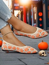 お買い得  女性向け-レディース ハロウィン ゴースト柄 ニット バレエ フラットシューズ - 休日やストリートスタイルにぴったりの軽量ポインテッドシューズ