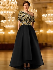 baratos Vestidos de Festa em A-Vestido de noite preto dourado com lantejoulas evasê, elegante vestido formal para casamento formal, comprimento até o chão, um ombro só, bolso, cetim com glitter, bordado, xale 2025