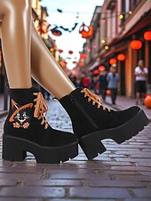 olcso Nőknek-női halloweeni platform fűzős csizma macskahímzéssel – vastag sarkú fekete velúr bokacsizma őszi fesztiválokra, utcai viseletre és jelmezbálokra
