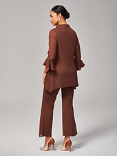 billige Bluser og skjorter-damebluse i kaffebrun chiffong-modal med smal passform og gjennomsiktige ermer, elegant, lett, pustende, kontor, middag, date