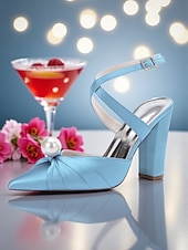 cheap Cocktail-Women&#039;s Blue Satin Block Heel Pumps with Pearl Detail and Ankle Strap - Elegant Pointed Toe Shoes for Formal Occasions and Cocktail Parties