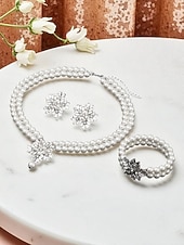 cheap Women&#039;s Necklace-Women&#039;s Pearl Jewelry Set with Crystal Flower Accents - Vintage Gatsby Style Necklace, Earrings and Bracelet for 1920s Party and Cocktail Events