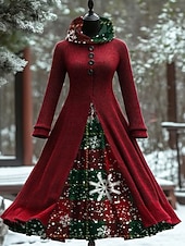 abordables Robes de Noël-Noël Femmes Robe maxi Robe trapèze ancien Occasionnel Coupe régulière Géométrique Motif de flocon de neige manche longue À capuche Rouge Automne Hiver
