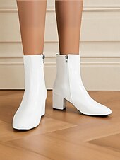 baratos Botas de tornozelo-Botas femininas brancas de couro sintético – botinhas estilosas com salto grosso e zíper lateral para looks casuais, de trabalho e do dia a dia