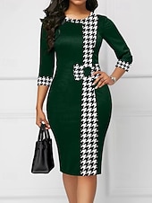 abordables Art&amp;Design Robe-Femmes Robe Midi Moulant Mode Moderne Bureau Sortir Coupe régulière Pied-de-poule Manche 3/4 Col ras du cou Noir Vin Vert Bleu de minuit Printemps Automne
