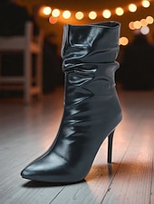 abordables Fête de la Vie Nocturne-Bottines souples en similicuir noir pour femme - Chaussures de soirée à bout pointu et talon aiguille haut pour la vie nocturne et les soirées en boîte