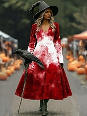 cheap Halloween Dress-Halloween Women&#039;s Midi Dress A Line Dress Vacation Casual Boho Beach Regular Fit Graphic Abstract Long Sleeve V Neck White Dark Red Wine Brown Spring Fall Winter