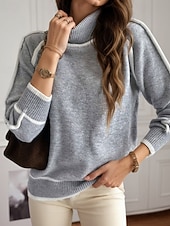 billige Solide farger-Dame Genser Gatemote Fritid Fargeblokk Rullekrage Lapper Strikket Langermet Vanlige topper Strikke utendørs Daglig Ut på byen Svart Gul Høst Vinter