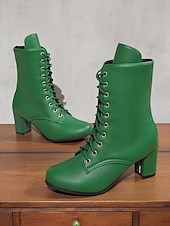 baratos Botas de tornozelo-Botas femininas de couro sintético com cadarço e salto grosso, estilo vintage, perfeitas para looks casuais e retrô.