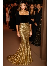 abordables Robes de Soirée Sirène-Robe de soirée sirène/trompette en or noir, élégante robe de soirée formelle, longueur au sol, extensible, pailletée avec paillettes 2025