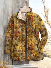 お買い得  キルティングパファージャケット-女性用 冬物ジャケット パフジャケット 保温 快適 ポケット ボタン プリント ファッション 日常 屋外 フラワー バケーション カジュアル 日常 シングルブレスト レギュラー スタンド レギュラー 長袖 アウターウェア ライトピンク イエロー ブルー 秋 冬