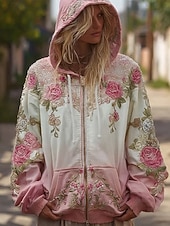 cheap Floral Tops-Women&#039;s 3D Print Vintage Boho Hoodie Patchwork Hoodie Sweatshirt Floral Zip Up s Floral Graphic Fashion Casual Long Sleeve Hooded  Street Dailywear Patchwork Zipper Pocket Light Pink Spring Fall