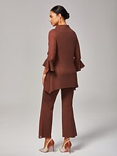 abordables Ensembles deux pièces-Ensemble chemisier en mousseline de soie marron pour femme, pantalon à pattes d&#039;éléphant, ajusté, fluide, avec des accents transparents, élégant, confortable, stylé, tenue de soirée pour le travail au quotidien