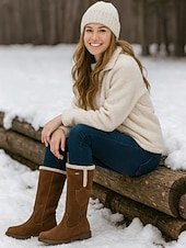levne Sníh a zimní boty-dámské semišové kozačky ke kolenům s fleecovou podšívkou - hnědé zimní volnočasové boty na outdoorové aktivity