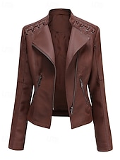 economico Pellicce &amp; Pelli-Per donna Giacca in Ecopelle Confortevole Cerniera Tasca Casual Semplice Vacanza Abbigliamento quotidiano Uscire Weekend Regolare Collo ripiegato Vestibilità regolare Manica Lunga Capispalla Nero