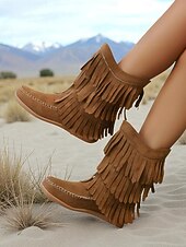 levne Cowboy &amp; Western Boots-Dámské mokasíny s třásněmi do půli lýtek a prošívanými detaily, ležérní westernový styl pro outdoorové a festivalové nošení
