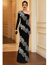 preiswerte Meerjungfrau Abendkleider-schwarz-goldenes geblümtes Meerjungfrau-/Trompeten-Abendkleid, elegantes Abendkleid, formelle Hochzeit, bodenlang, langärmlig, eine Schulter, Spitze mit Perlenapplikationen 2025