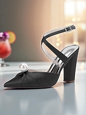 cheap Cocktail-Women&#039;s Blue Satin Block Heel Pumps with Pearl Detail and Ankle Strap - Elegant Pointed Toe Shoes for Formal Occasions and Cocktail Parties