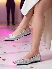 economico cocktail-ballerine da donna con punta a punta, glitter argento e fiocco - eleganti scarpe da cocktail per feste e occasioni formali
